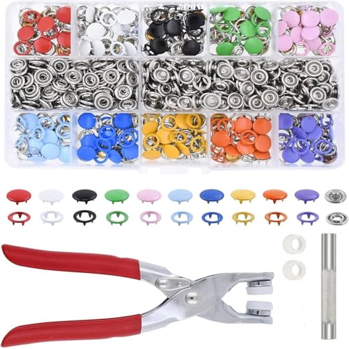 Wenrescry Juego de 200 botones a presión con alicates, kit de botones de presión de metal de 9,5 mm, 10 colores, manualidades para ropa infantil, ropa, bolsos, hechos a mano, reparación, sin costura