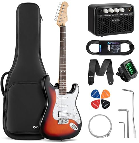 CAHAYA Electric Guitar Kit Sunburst: CST100 S-S-H Pickups Maple Neck Poplar Body Laurel Fingerboard, Includes 10W Amp and a 600D Gig Bag