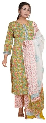 IMTRA FASHION Da Donna Puro Cotone Kurta E Pantaloni Impostato Etnico Vestito Indiano Dritto Kurti Pantalonialoni con Dupatta (Verde-XX-Large)