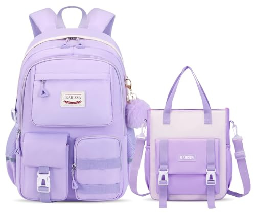 Amythe Skolryggsäck flicka 2 delar, 29 liter ryggsäck skola tonåringar, skolväskor för flickor 3. 5. till 7. Klasse, skolväska set med shoppingväska, 47 cm