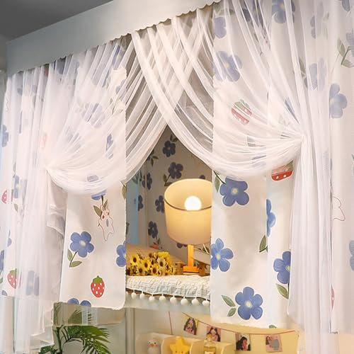Oberes Etagenbetthimmel, 2 m lang, Etagenbettvorhänge, verdickter Stoff, Verdunkelungsvorhänge, seitliche Öffnungstür mit großem Raum (Vorhang x 3 + Regal 1,2 m, Blume A) Premium Verdunkelung L