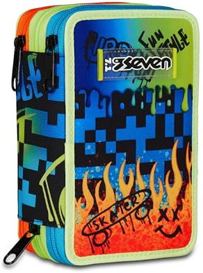 Seven Federmäppchen mit 3 Fächern, 45-teiliges befülltes Schüleretui, Federtasche für Schreibwaren, mit Stiften, Kugelschreiber; Mädchen, Jungen, Grundschule, mehrfabig