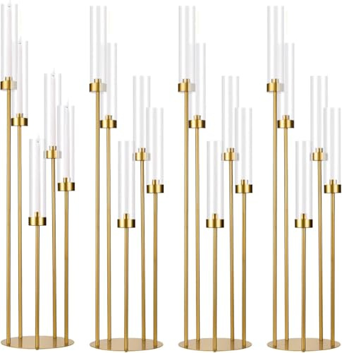 MYOYAY Set di 4 candelabri da pavimento a 5 bracci, alti 100 cm, centrotavola per tavoli, set di candelieri in metallo con paralume in acrilico, per feste di nozze, decorazione della casa (oro)
