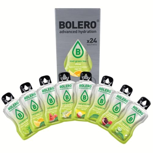 Bolero ICED GREEN TEA MIX 24x3g | Poudre pour boisson sans sucre, édulcorée à la stévia + vitamine C | convient aux enfants, aux sportifs et aux diabétiques | sans gluten