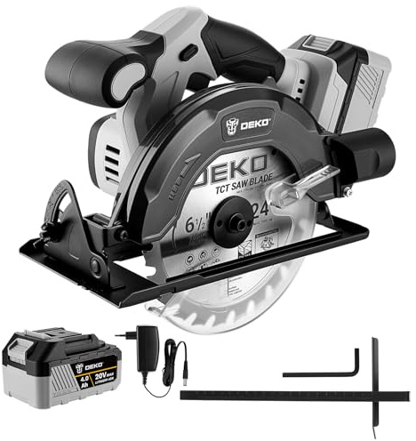 Cordless Circular Saw: DEKOPRO 20V Circular Saw, 4500RPM, with 165mm Blade, 55mm(90°), 33mm(45°) Cutting Depth, LED Light, Includes 4.0Ah Battery and Charger for Cutting Wood and DIY Projects