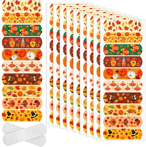 JarThenaAMCS 300 Pcs Fall Kids Cartoon Bandages Pumpkin Autumn Leaves Flexible Adhesive Plaster 10 Styles Breathable Fingertip Band Aid for Wound Protection