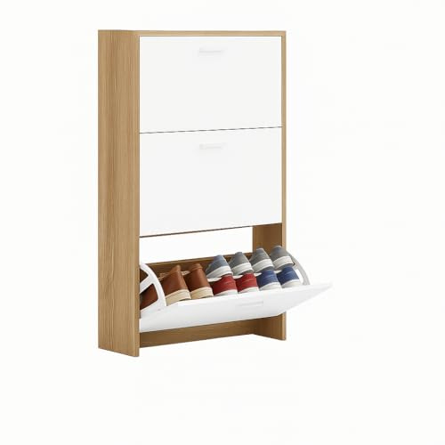 CATAVANA Scarpiera salvaspazio slim 60 cm in legno bianco, scarpiera da ingresso con 3 ante, scarpiera 18 paia, design moderno alto e stretto, ideale come portascarpe ingresso