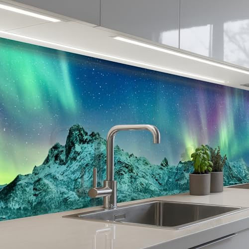 KitchenYeah© Crédence Cuisine À Coller Protection Plaque De Cuisson Adhesif | 60x250 cm - Plastique Rigide Dalle Murale Mer - Glace - Aurore boréale - Hiver - Nature