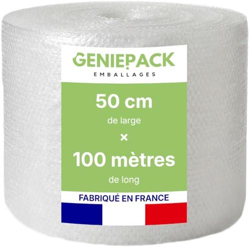 ROULEAU PAPIER BULLE/FILM À BULLES Professionnel 50 cm x 100 m – Fabriqué en FRANCE – 60 Microns – Bulles 10mm – Protection Emballage Colis Déménagement – Antichoc Haute Qualité