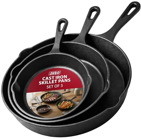 ZENO Cast Iron Skillet Pan 3PC Set | Pre-Seasoned Cast Iron Pan | Heavy Duty Cast Iron Frying Pan with Dual Handles | Oven Safe Skillet Pan for Hob, Grill, Oven | Cast Iron Skillet