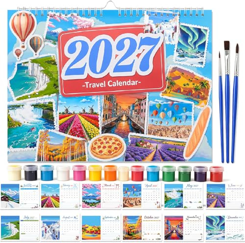 Wall Calendar 2027 Painting by Numbers for Adults, DIY Craft Calendar 2027 for Hanging, Landscape & Travel Motifs, Complete Set with Acrylic Paints & Brushes, Creative Gift & Wall Decoration