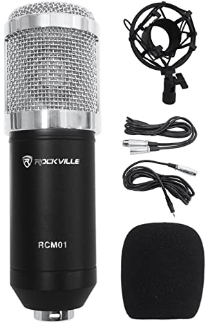 Rockville RCM01 Pro Studio Condenser Microphone, 200 Ohm, Cardioid Pattern, Metal Shock Mount, 30Hz-20kHz Frequency, XLR and 3.5mm Cables, for Vocals and Podcasting