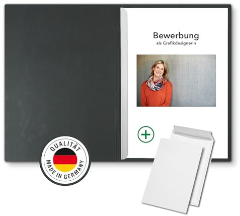10 Stück 2-teilige Bewerbungsmappen Schwarz mit 1 Klemmschiene in feinster Lederstruktur - inkl. 10 Versandumschläge in Weiß GRATIS - hochwertige Prägung „BEWERBUNG“