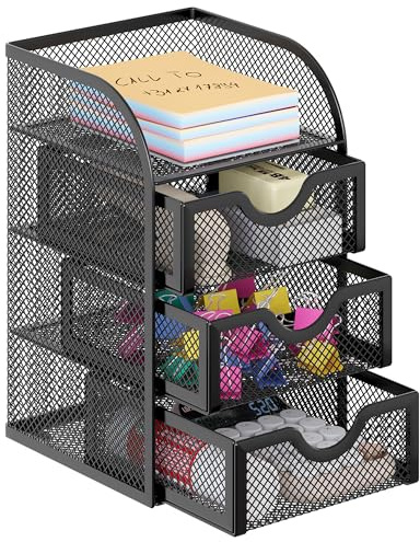 EasyPAG Mesh Desk Organizer with 3 Drawer Office Desktop Organizers and Accessories Stationery Caddy for Office, Home, Students, Black