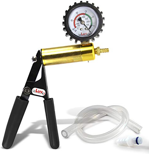 LeLuv ultima brass vacuum pump handle - gauge installed with protective rubber cover - black rubber padded handles, clear hose and mac sealing ring fitting
