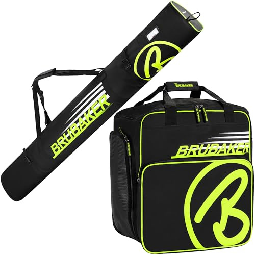 BRUBAKER - Set de Ski 'Carver Champion' - Housse à Skis & Sac à Chaussures de Ski - pour 1 Paire de Skis + Bâtons + Chaussures + Casque - Noir/Jaune Fluo