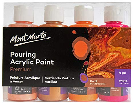 Mont Marte Pouring Set Koralle – 4 Stück x 120ml – Acryl Pouring – Premium Acrylfarben mit Pouring Medium vorgemischt – Orange, Bronze, Shiraz, Coral