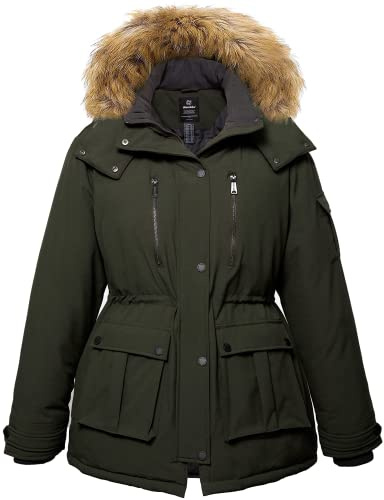 Wantdo Chaqueta de Invierno Acolchada para Señoras Parka con Capucha de Piel Desmontable Verde Militar 50