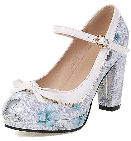 Scarpe décolleté da donna Mary Janes con plateau, tacco alto e fiore, stile kawaii, Blu floreale, 6.5