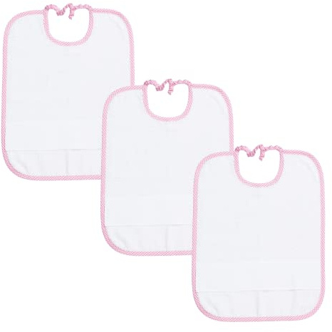 Filet - Set 3 Bavaglini Asilo con Elastico | materiale di alta qualità in spugna bianca con Tela Aida da ricamare | Bordo a Quadretti in Tinto Filo Rosa | 100% Realizzato in Italia