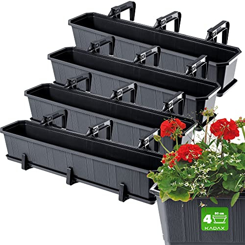KADAX Set 4x80cm Blumenkasten Anthrazit, Balkonkasten aus Kunststoff, Pflanzkasten für Blumen und Kräuter, Widerstandsfähiger Balkontopf, Pflanzkübel für Balkon