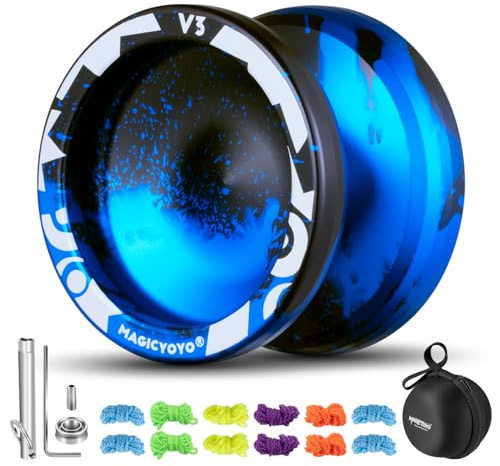 MAGICYOYO JoJo V3 Professionnel Double Usage avec Mode Réactif et Non Réactif, Yoyo en Métal + 12 Cordons + Sac (Noir Bleu)