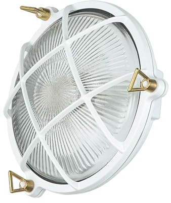 Licht-Erlebnisse Lámpara de pared exterior de latón y cristal en blanco IP64 para patio y jardín, 21 cm de ancho, E27, máximo 18 W, estilo marítimo con rejilla, SERIFOS