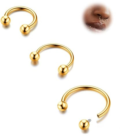BodyBonita G23 Titanium Horseshoe Septum Rings - 3pcs ASTM F136 Titanium Nose Rings Circular Barbell 16G Piercing Jewelry Conch Helix Rook Lip Nipple Cartilage Earring for Women Men Gold Plated