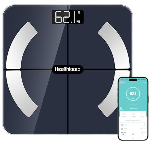 Healthkeep Personenwaage, verbundene Personenwaage, Bluetooth, Impedanzmesser, hohe Präzision, mit 13 Analysen der Körperzusammensetzung, App, 28 x 28 cm (280 Dunkelblau 2025)