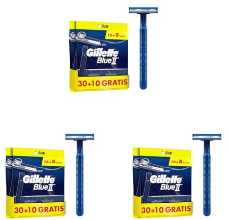 Gillette Blue II Maquinilla de Afeitar Hombre, Cuchillas de Afeitar desechables con Cabezal Fijo, 30+10 Gratis, 40 Unidades, Azul (Paquete de 3)