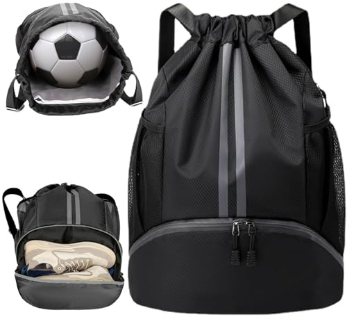 WUBAYI Football Boot Bag, Sports Kit Gym Sack Swimming PE Large Drawstring Bag Unisex With Wet And Dry Separation, Waterproof Gym Bag for Adults Men Women Travel, Sports Beach Holidays(Black)