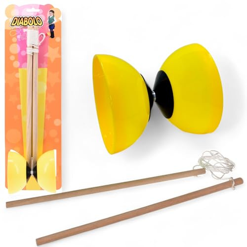 MIJOMA Kit de jonglerie Diabolo - 2 baguettes en bois et diabolo en plastique souple - Jeu de plein air compact pour enfants et adultes - Parfait pour la coordination et la dextérité (jaune)