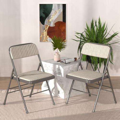 ARunThLana Juego de 2 sillas plegables de camping, sillas plegables a rayas con estructura de metal con respaldo, 45 x 48 x 77 cm, para salón, oficina, comedor, beige