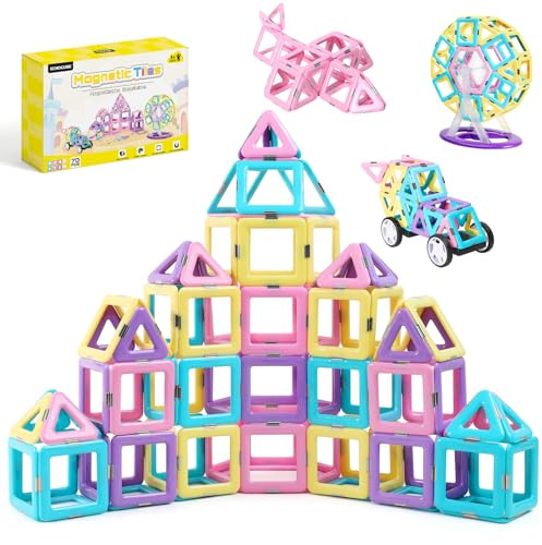 ECHOCUBE Blocs de Construction Magnétiques, 70 Pièces de Tuiles avec Jeu de Roues, Jouets pour Filles et Garçons - Cadeau d'Anniversaire ou de Noël