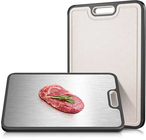 LOZOVIN Double-Sided GR1 Titanium&Wheat Straw Cutting Board,15”*10“ Cutting Board for Kitchen, Non toxic Chopping Board for Meat & Vegetables, Non-Slip Silicone Edge, Juice Groove