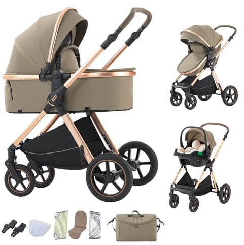 BEBBY Stroller 3-in-1 Baby 3 in 1 with Seat with Foldable Aluminium Frame, Compact Stroller with Adjustable Armrests, Combined Strollers,High Landscape Travel Pushchair