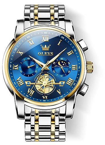 OLEVS Men's Wrist Watches Two Tone Stainless Steel Quartz Watch Diamond Chronograph Moon Phase Gold Blue Black Dial Male Watch Waterproof Luminous