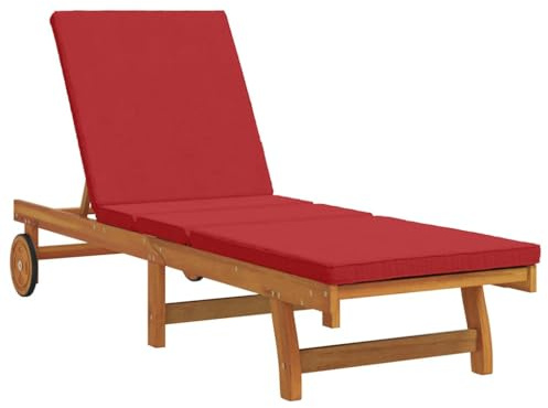vidaXL Lettino da Sole Regolabile con Cuscini Marroni e Rossi in Legno di Acacia, dotato di Ruote, Resistente alle Intemperie. Ideale per Uso Esterno, con Seduta Confortevole. Perfetto per Giardini,