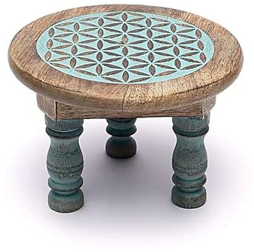 LivuX Tavolo d'altare Fiore della Vita Rotondo - Stampa blu - 15 × 15 × 10 cm - Legno di mango massiccio - Tavolo spirituale per rituali, cristalli, figure degli dei, prodotto naturale 1304