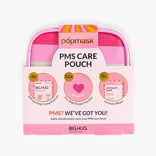 Popmask Big Hug PMS Care Pouch Set, Period Essentials Kit con 4 cerotti autoriscaldanti per crampi, 12 cerotti per brufoli e 4 salviette intime, custodia da viaggio