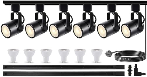 Bravsekai Advanced LED Track Lighting Kit with Replaceable GU10 Bulbs, 6-Lights Dimmable Track Lights with 2x1m H Type Track Rails, 10W 3000K Warm Light Indoor Ceiling Spotlight Fixture for Any Space