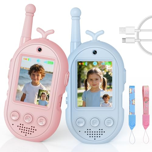 Talkie Walkie Enfants avec Vidéo, 2 Talkies Walkies Rechargeable avec écran d'affichage, Communication Radio Bidirectionnelle, Cadeaux aux garçons et aux Filles âgés de 3 à 12 Ans (Rose + Bleu)
