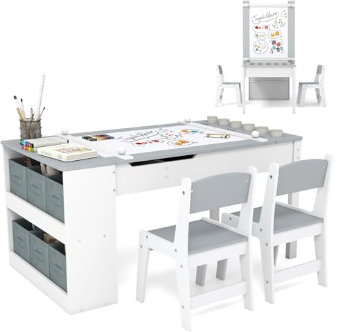 COSTWAY Kids Art Table and Chair Set(Grey,6 Cups:109x60x53cm) | Wooden Toddler Activity Table with 2-Tier Open Shelf, Storage Bins, Paper Roll, Children Furniture for Drawing