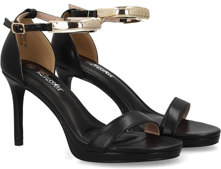 99334 Sandalia de tacon para mujer con diseno elegante, para ocasiones especiales y eventos destacados. Tira ancha en el tobillo metalizada, Cierre de hebilla y tacon alto de aguja. Negro Talla 37