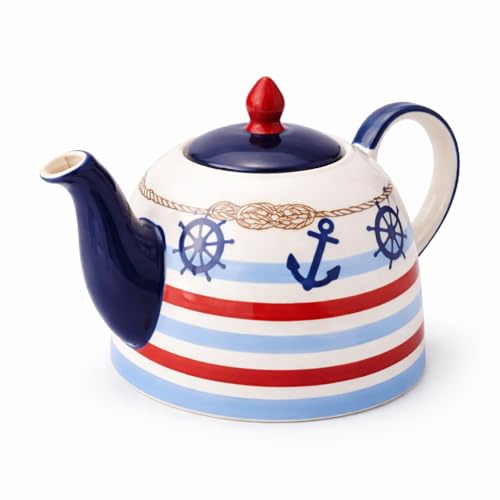 Kanne „Silje“ aus Steinzeug 1,9 l – maritime Teekanne mit Anker-Dekor in Blau Weiß Rot, handbemalte Keramikkanne für Tee, Kaffee und Heißgetränke, H 18 cm Ø 6,5 cm