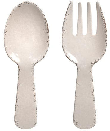 UPware 2-Piece 10.75 Inch Melamine Salad Server/Utensil. Includes Salad Spoon and Fork. (Crackle, Cream)