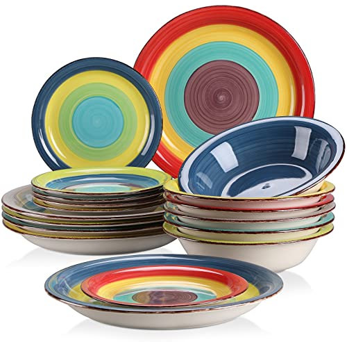 vancasso Set di piatti in gres porcellanato per 6 persone, serie Arco, set combinato da 18 pezzi con piatto piano, piatto da dessert e ciotola da zuppa, spirale dipinta a mano e motivo alternato