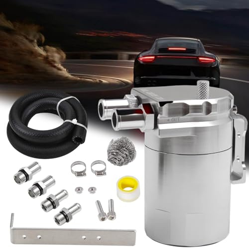 PWR FEVER Upgraded Baffled Oil Catch Can Kit Aluminum Reservoir Tank with 3/8 Strengthened NBR Fuel Line Silver 400ml