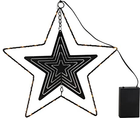 LED Metallstern schwarz zum Hängen mit Timer - 30 cm - Deko Stern mit 30 LED in warm weiß - Fenster Tür Weihnachten Advent Winter Dekoration für Innen