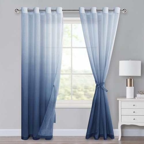 XWZO Voile Gardinen mit Ösen Vorhänge Farbverlauf Vorhang Sheer Ombre Gardinen 2 er Set für Schlafzimmer und Wohnzimmer Schlaufengardinen mit Raffhalter 225 x 140cm (H x B) Jeansblau
